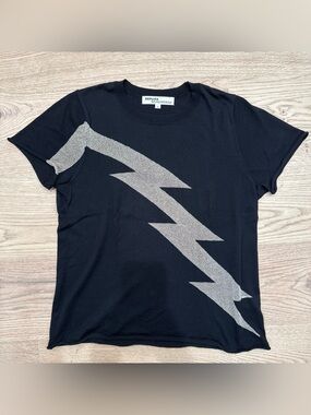 Black Short-Sleeve Knit Top with Metallic Lightning Bolt